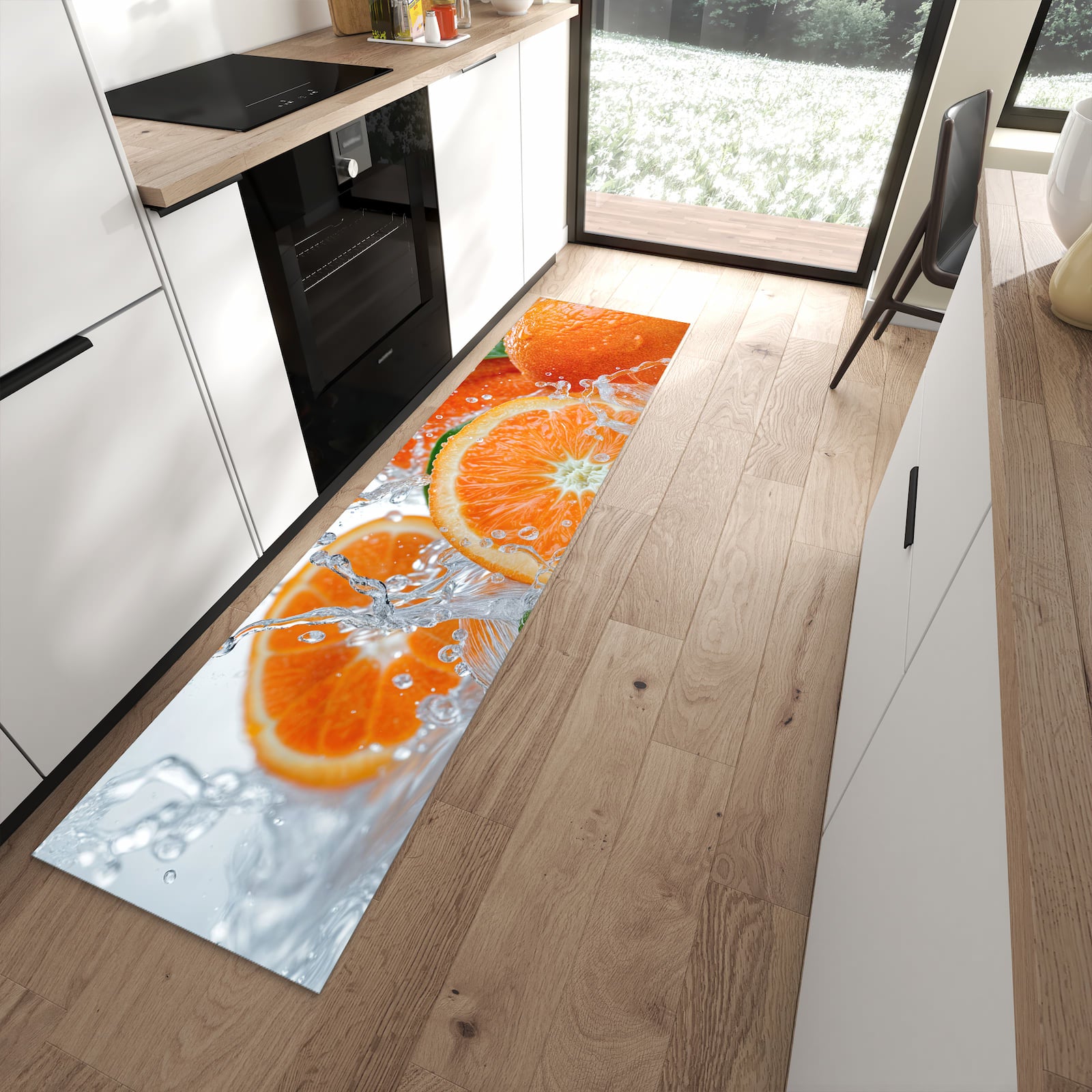 Bodenschonender Küchenteppich mit Motiv Spritzige Orangen in moderner Küche