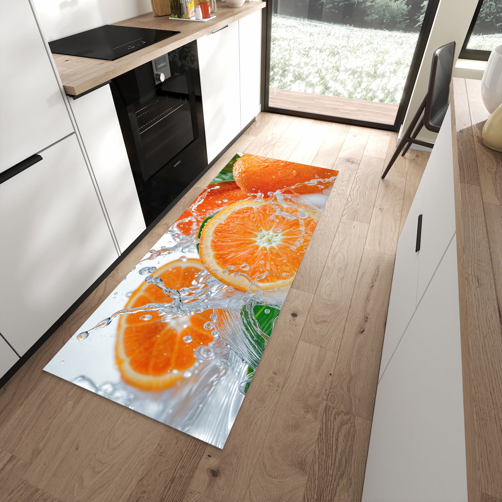 Formstabiler rutschfester Küchenläufer mit Motiv Spritzige Orangen in moderner Küche