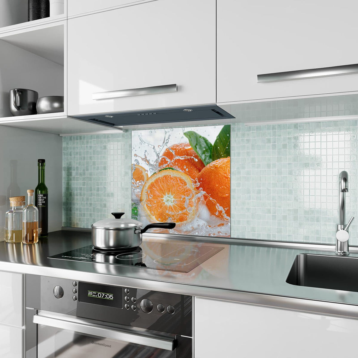 Küchenrückwand Orangen im Wasser aus Glas – Orangen im spritzenden Wasser