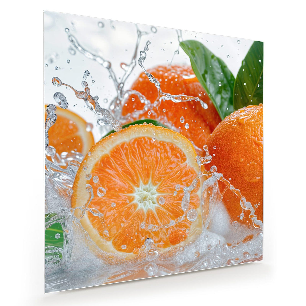 Ganze Orangen und eine Orangenscheibe im aufspritzenden Wasser mit grünen Blättern