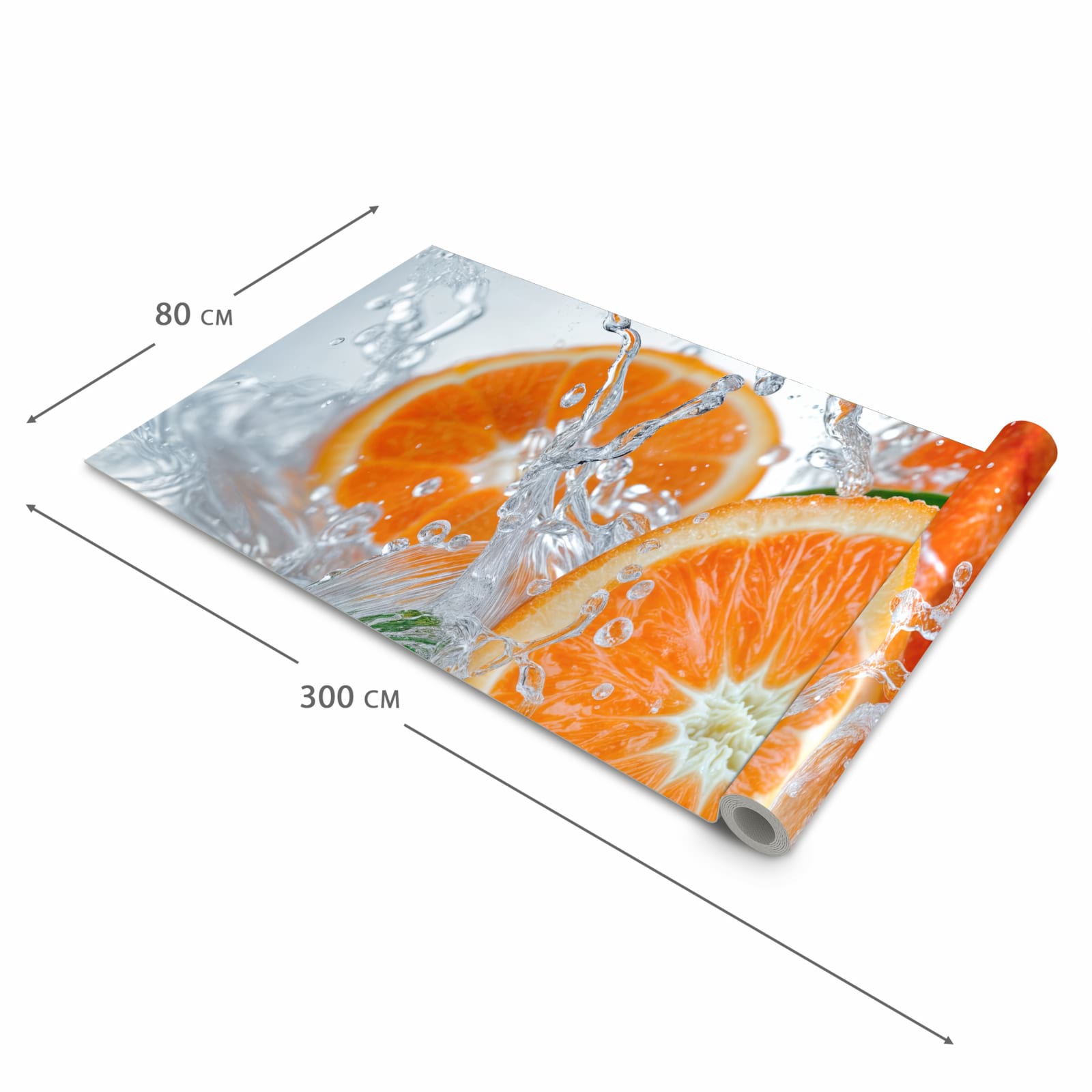 Geruchsneutraler langer Teppich Flur mit Motiv Spritzige Orangen in der Grösse 80x300 cm