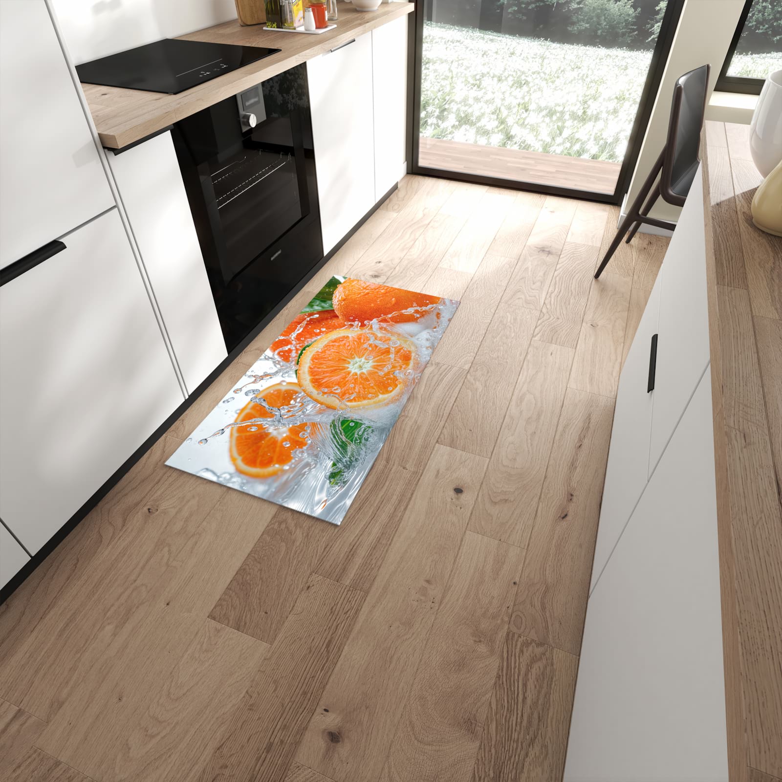 Langlebiger waschbarer Küchenteppich mit Motiv Spritzige Orangen in moderner Küche #grösse_60 x 120 cm