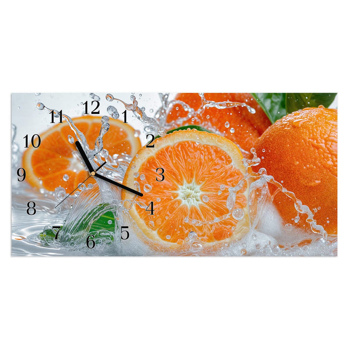 Wanduhr Spritzige Orangen aus Glas – Querformat 60 × 30 cm mit Ziffernblatt Klassisch