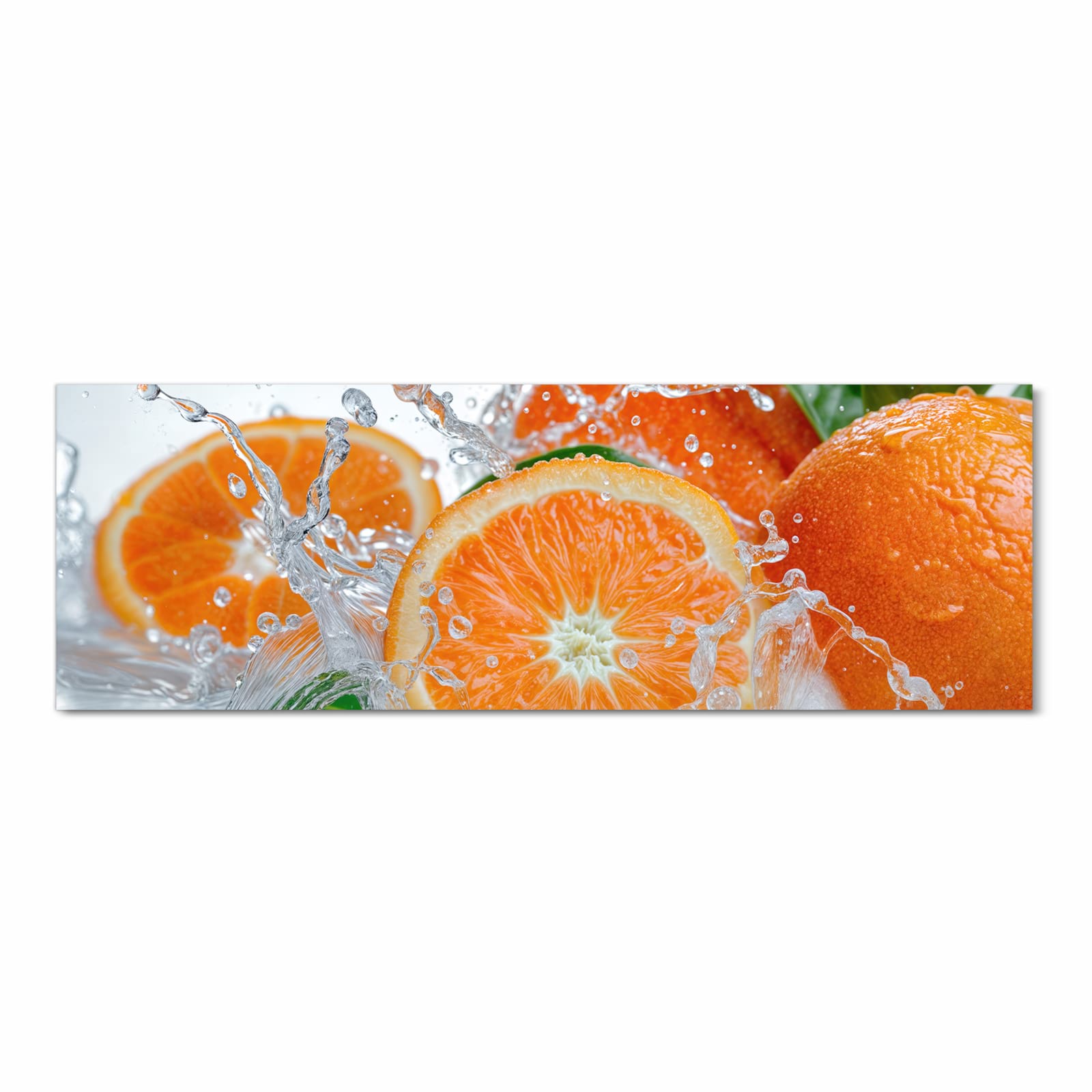 Feuchtigkeitsresistenter Küchenläufer mit Motiv Spritzige Orangen in Frontansicht zum Waschen