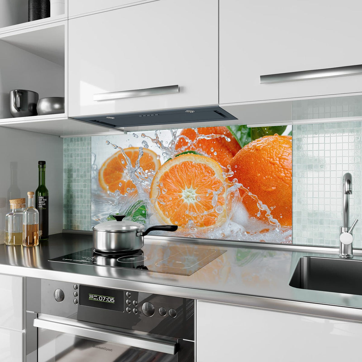 Küchenrückwand aus Glas Orangen im Wasser im Hochformat als Spritzschutz hinter dem Kochfeld, über dem Fliesenspiegel montiert