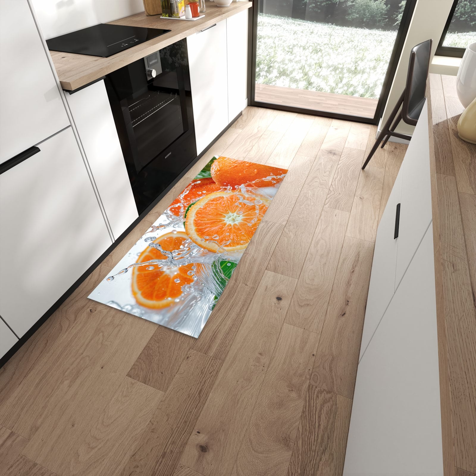 Rutschfester großer Küchenteppich mit Motiv Spritzige Orangen in moderner Küche #grösse_60 x 150 cm