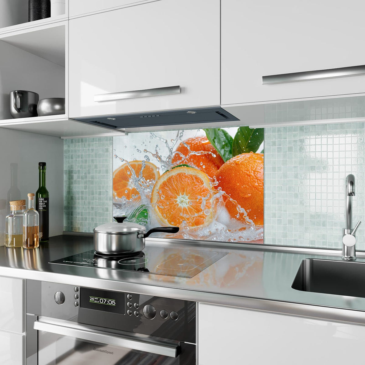 Küchenrückwand aus Glas Orangen im Wasser im Hochformat als Spritzschutz hinter dem Kochfeld, über dem Fliesenspiegel montiert