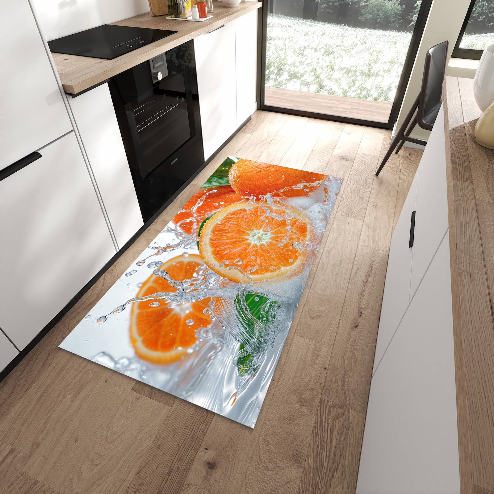 Abriebfester rutschfester Küchenläufer mit Motiv Spritzige Orangen in moderner Küche