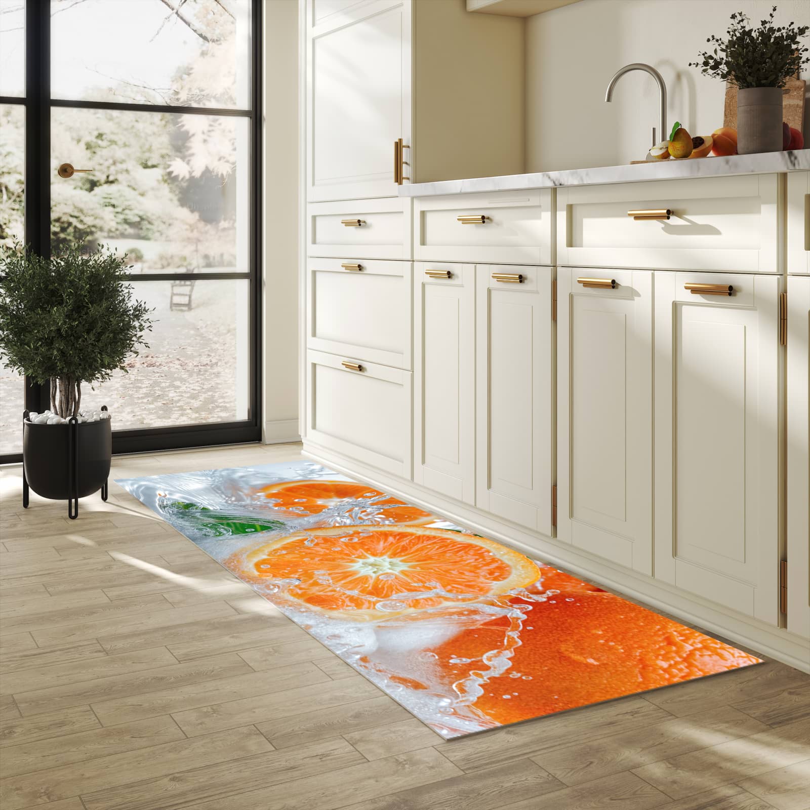 UV-beständiger Küchenteppich mit Motiv Spritzige Orangen in heller Küche