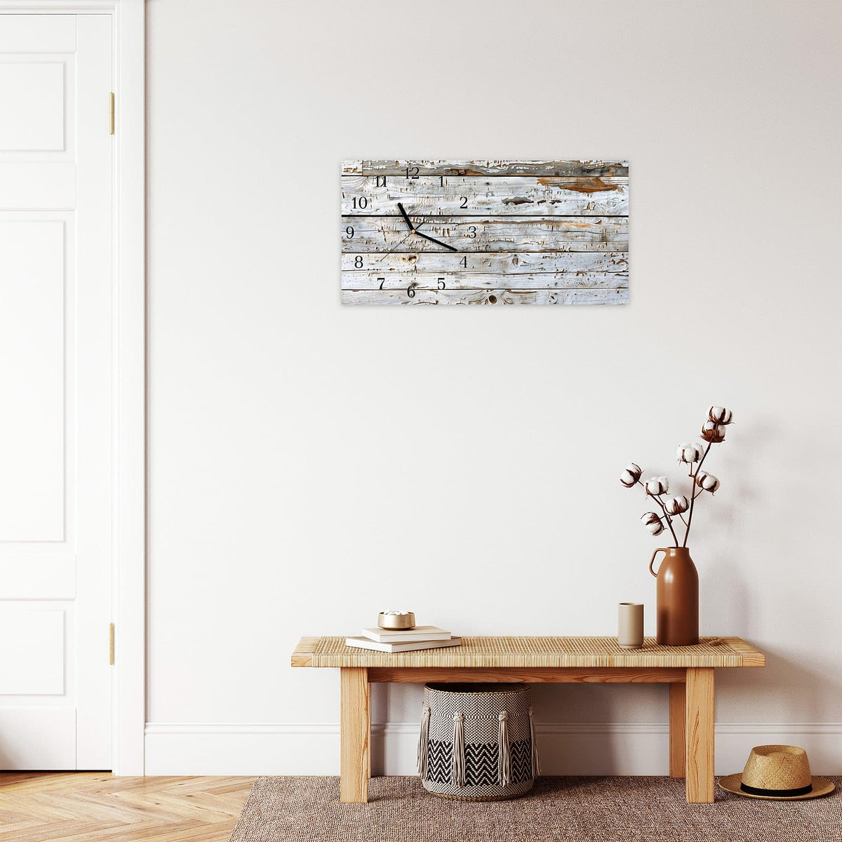 Moderne Wanduhr aus Glas mit Farbtiefe – Wanduhr Weiße Holzpatina aus Glas – Querformat 60 × 30 cm