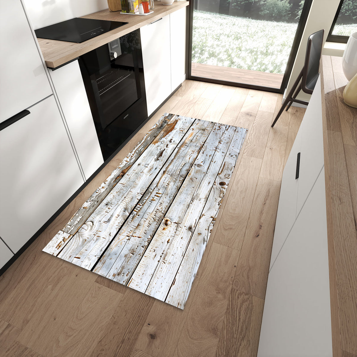 Strapazierfähiger Küchenteppich mit Motiv Holzbretter von Verwitterte in moderner Küche
