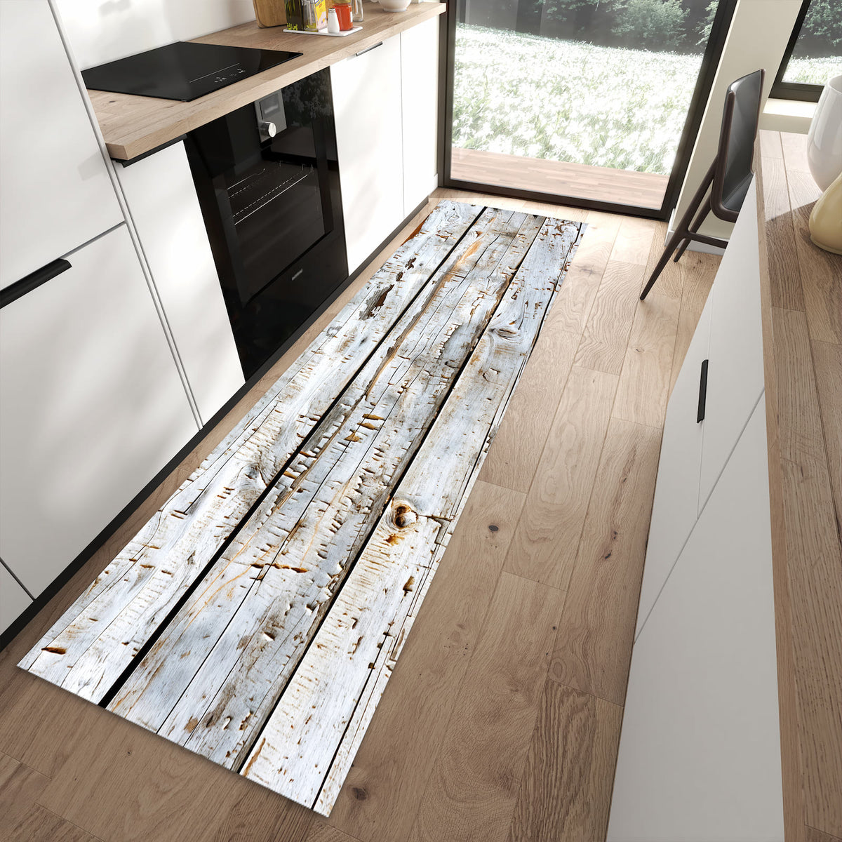Komfortabler Küchenteppich mit Motiv Holzbretter von Verwitterte in moderner Küche