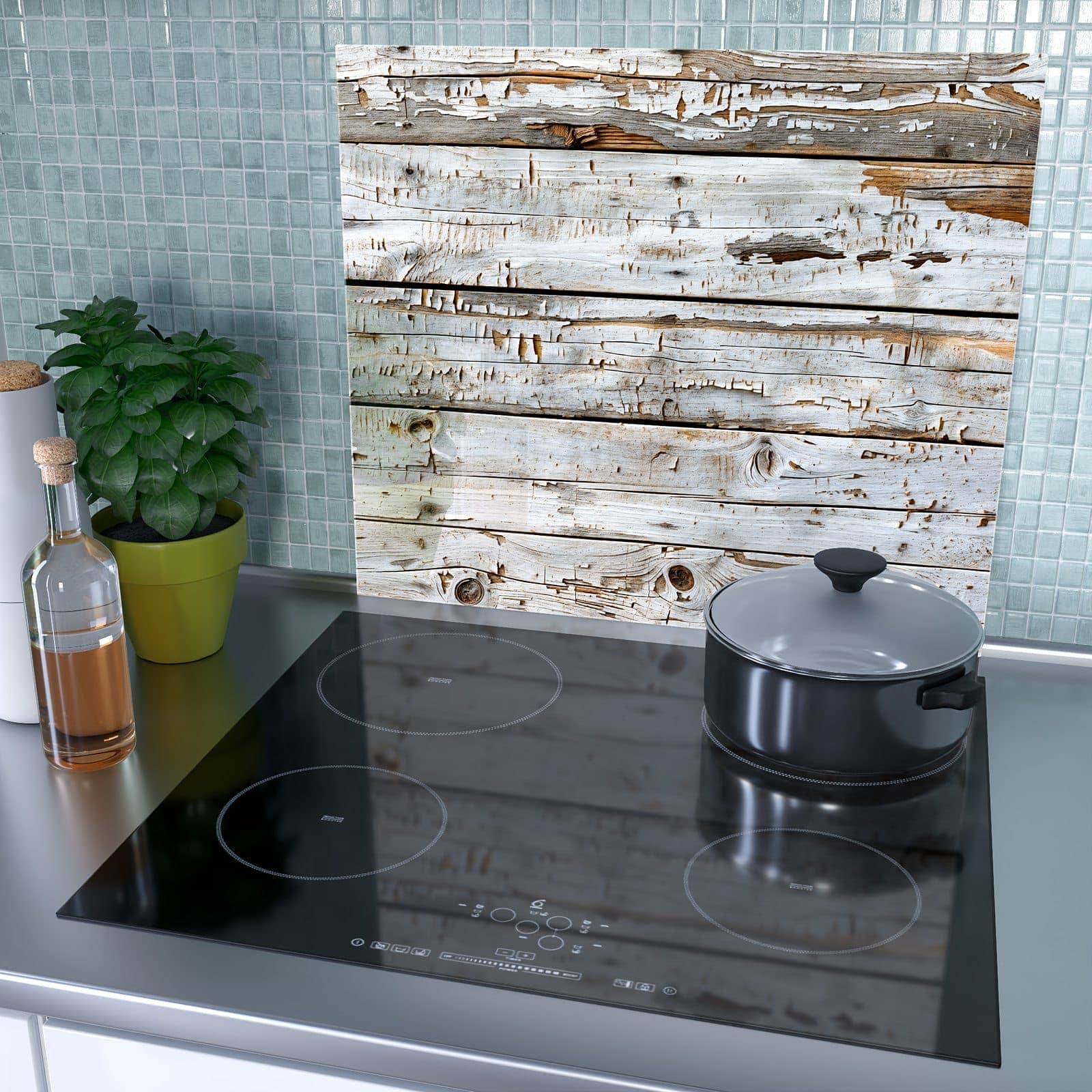 1-teilige Herdabdeckplatte mit Weiße Holzpatina-Motiv als Spritzschutz hinter dem Kochfeld