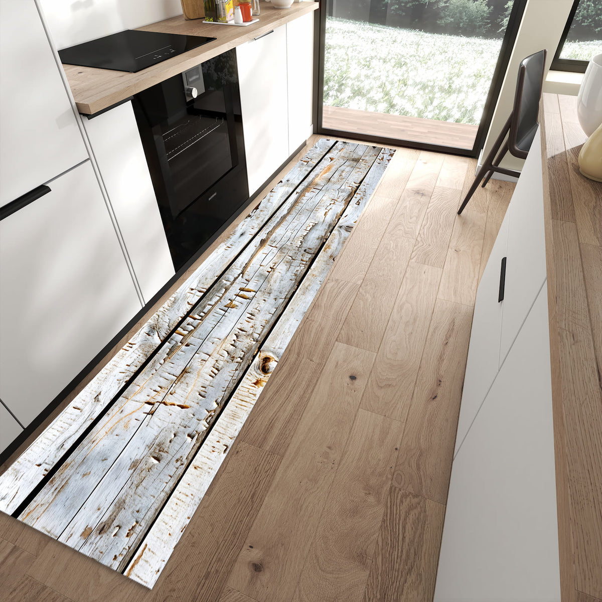 Langlebiger Küchenläufer mit Motiv Holzbretter von Verwitterte in moderner Küche
