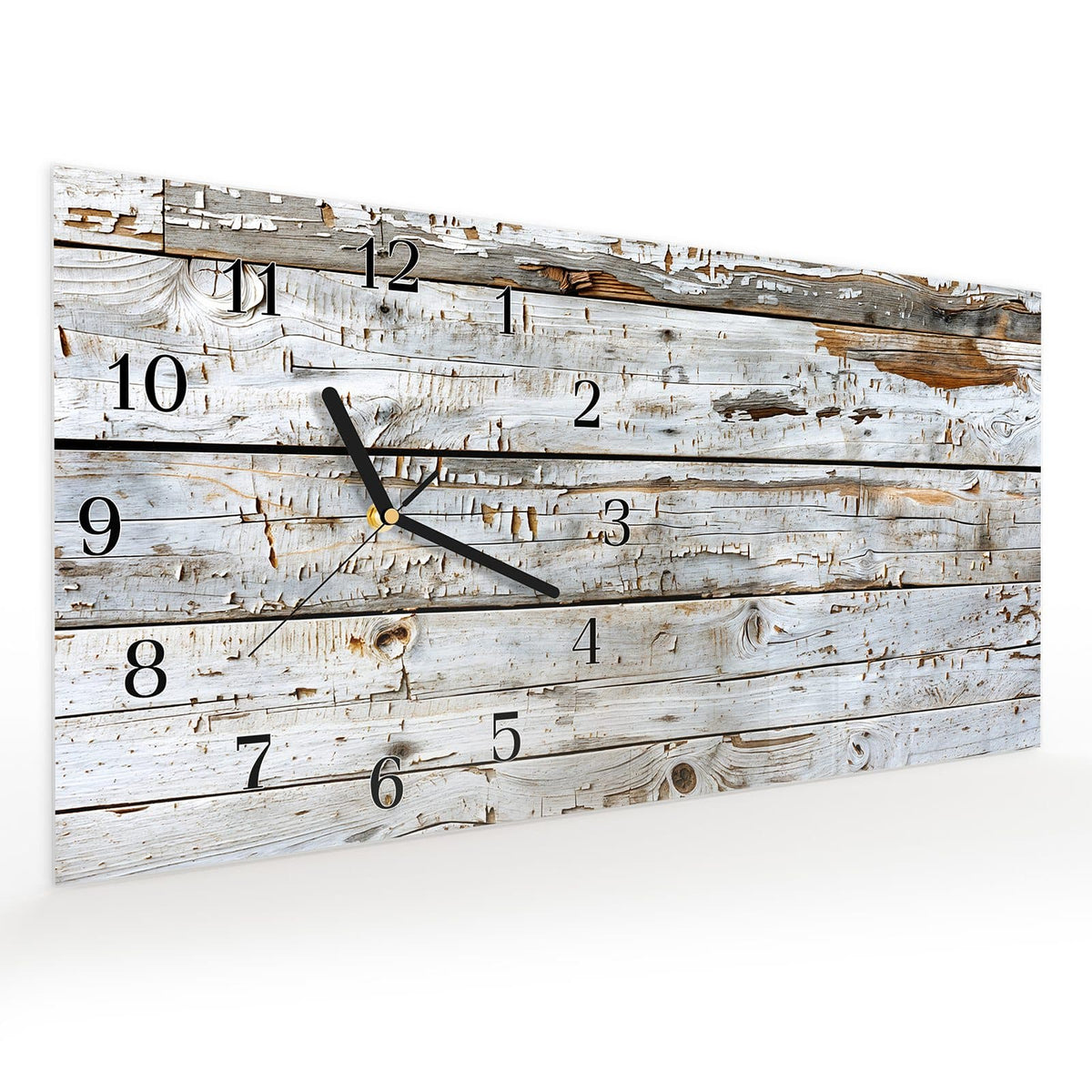Vormontiert – mit Schwebeeffekt – Wanduhr Weiße Holzpatina aus Glas – Querformat 60 × 30 cm