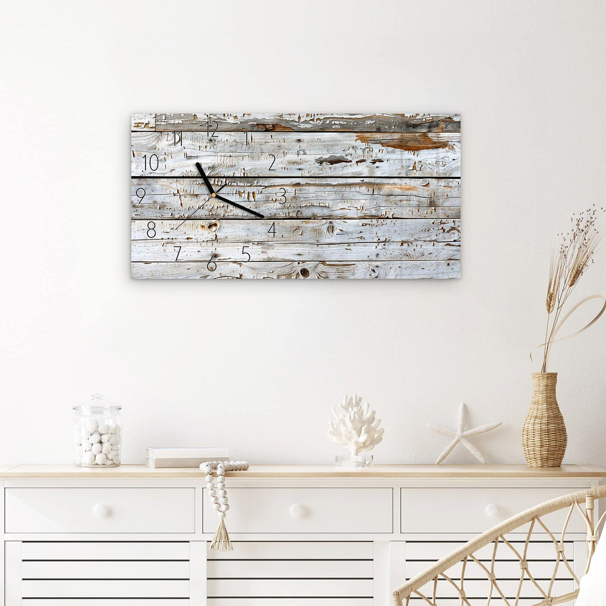 Wanduhr Weiße Holzpatina aus Glas – Querformat 60 × 30 cm – Weiß patinierte Holzbretter