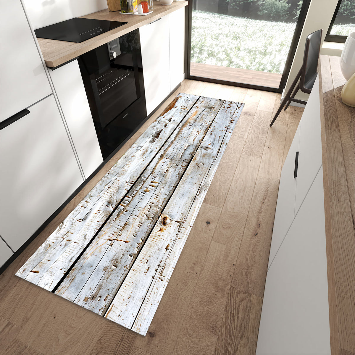 Waschbarer Küchenteppich mit Motiv Holzbretter von Verwitterte in moderner Küche