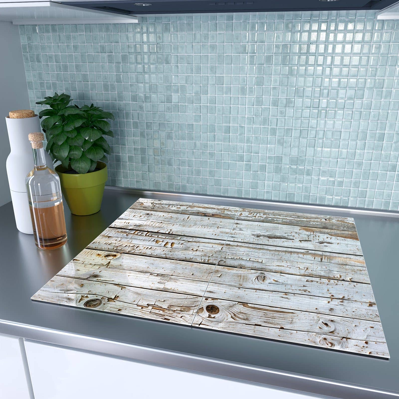 2-teilige Herdabdeckung mit Weiße Holzpatina-Motiv auf dem Ceranfeld