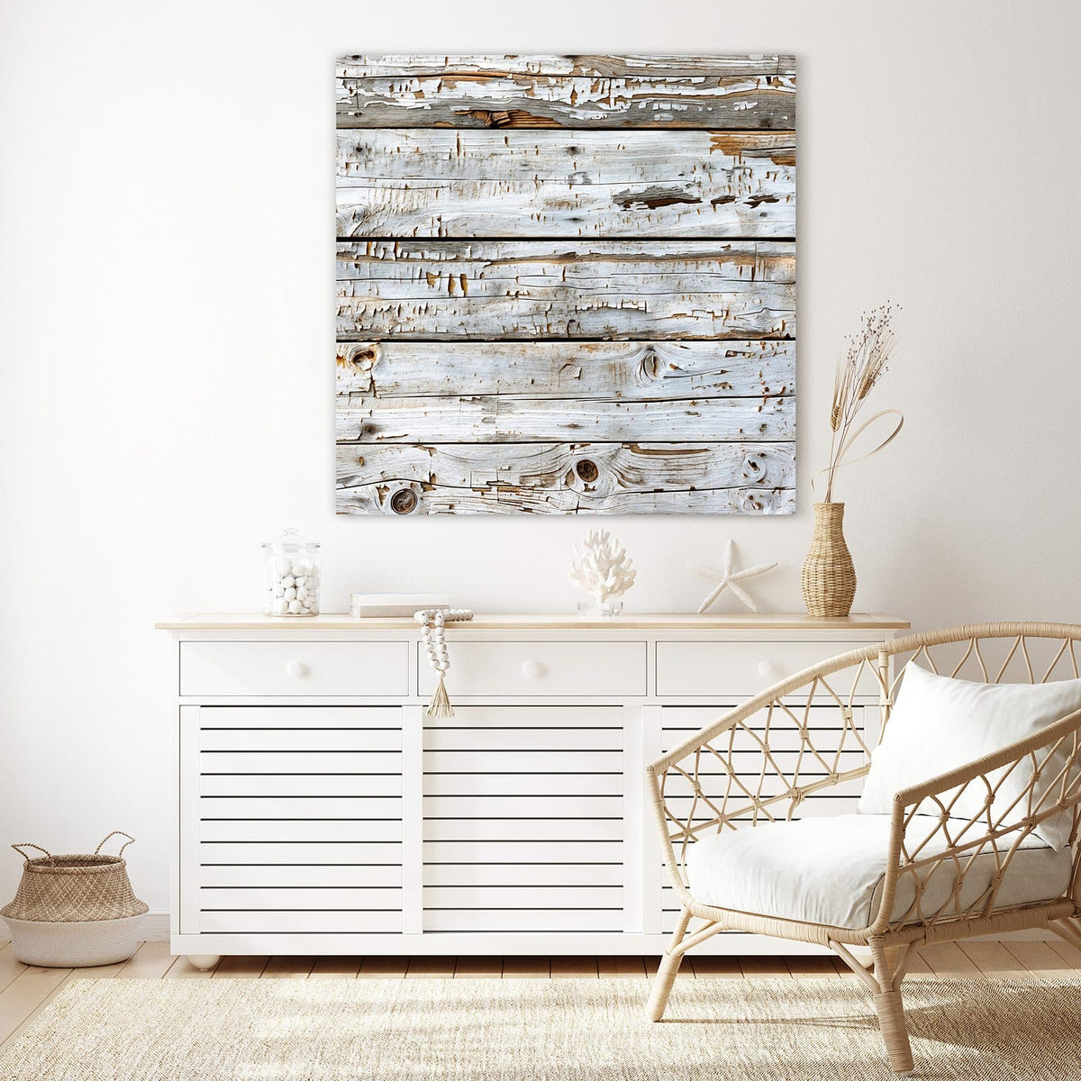 Echtglas, 4 mm – kein Acryl, keine Folie – Wandbild - Weiße Holzpatina - Quadratisch