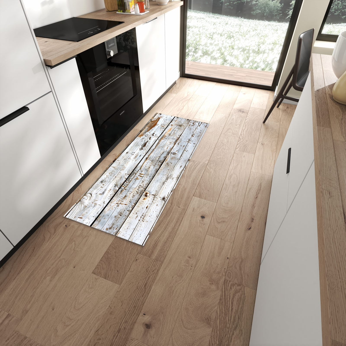 Wasserabweisender Teppich für die Küche mit Motiv Holzbretter von Verwitterte in moderner Küche #grösse_60 x 150 cm