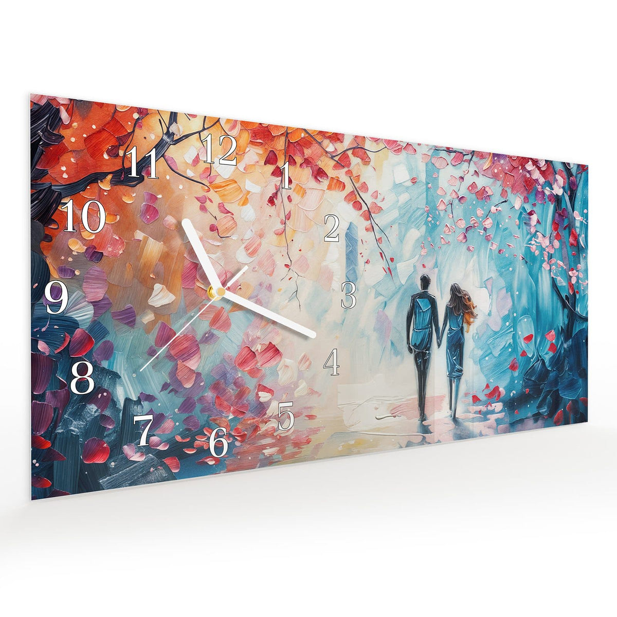 Vormontiert – mit Schwebeeffekt – Wanduhr Herbstlicher Spaziergang aus Glas – Querformat 60 × 30 cm