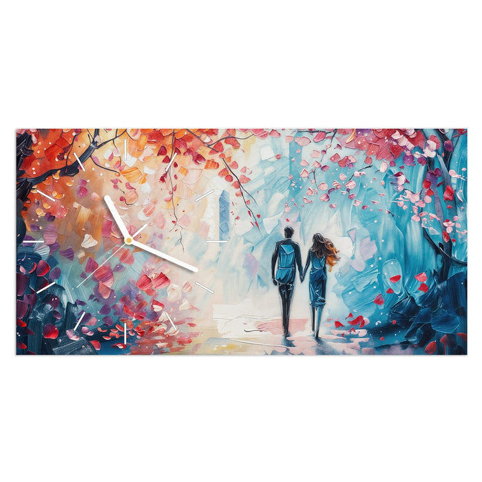 Wanduhr Herbstlicher Spaziergang aus Glas – Querformat 60 × 30 cm mit Ziffernblatt Linie