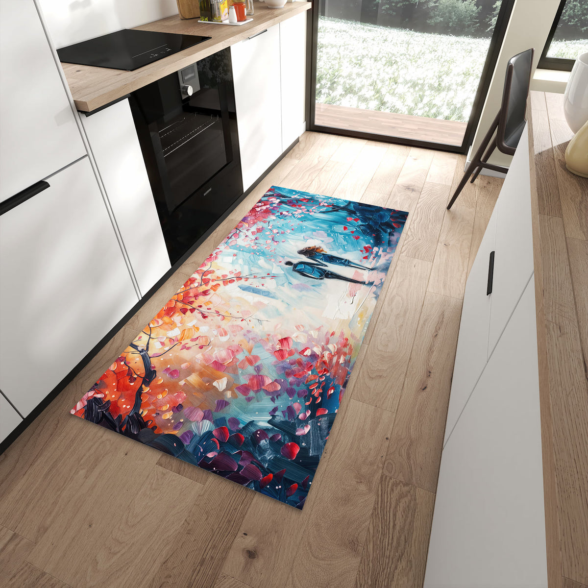 Abriebfester Küchenteppich mit Motiv Herbstlicher Spaziergang in moderner Küche
