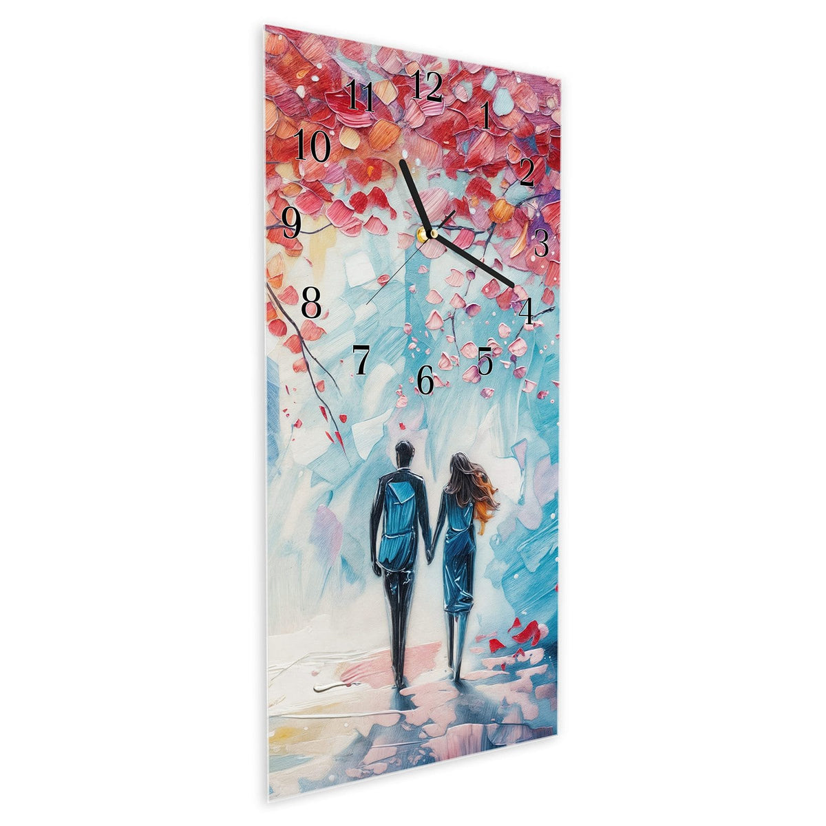 Vormontiert – mit Schwebeeffekt – Wanduhr Herbstlicher Spaziergang aus Glas – Hochformat 30 × 60 cm