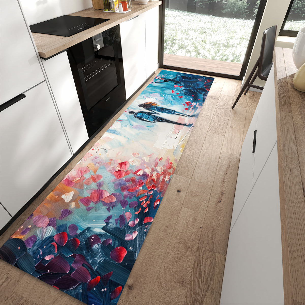 Geräuschdämpfender Küchenteppich mit Motiv Herbstlicher Spaziergang in moderner Küche