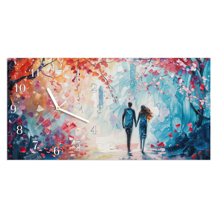 Wanduhr Herbstlicher Spaziergang aus Glas – Querformat 60 × 30 cm mit Ziffernblatt Klassisch