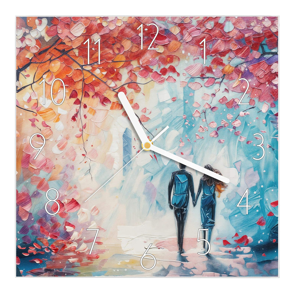 Wanduhr aus Glas, Ziffernblatt Elegant: Spachtelgemälde: Paar Hand in Hand unter einem Baum mit rot-rosa Laub, bläuliche Straße #ziffernblatt_Elegant