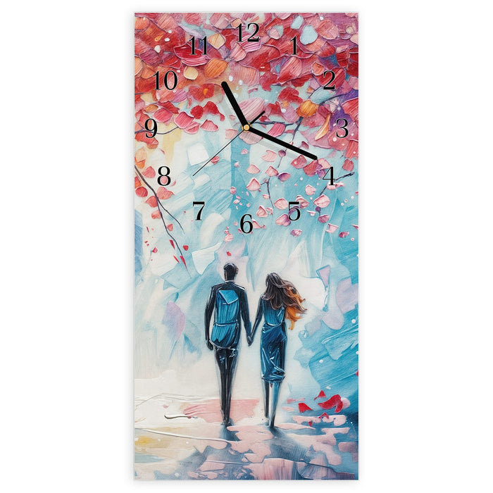 Wanduhr Herbstlicher Spaziergang aus Glas – Hochformat 30 × 60 cm mit Ziffernblatt Klassisch