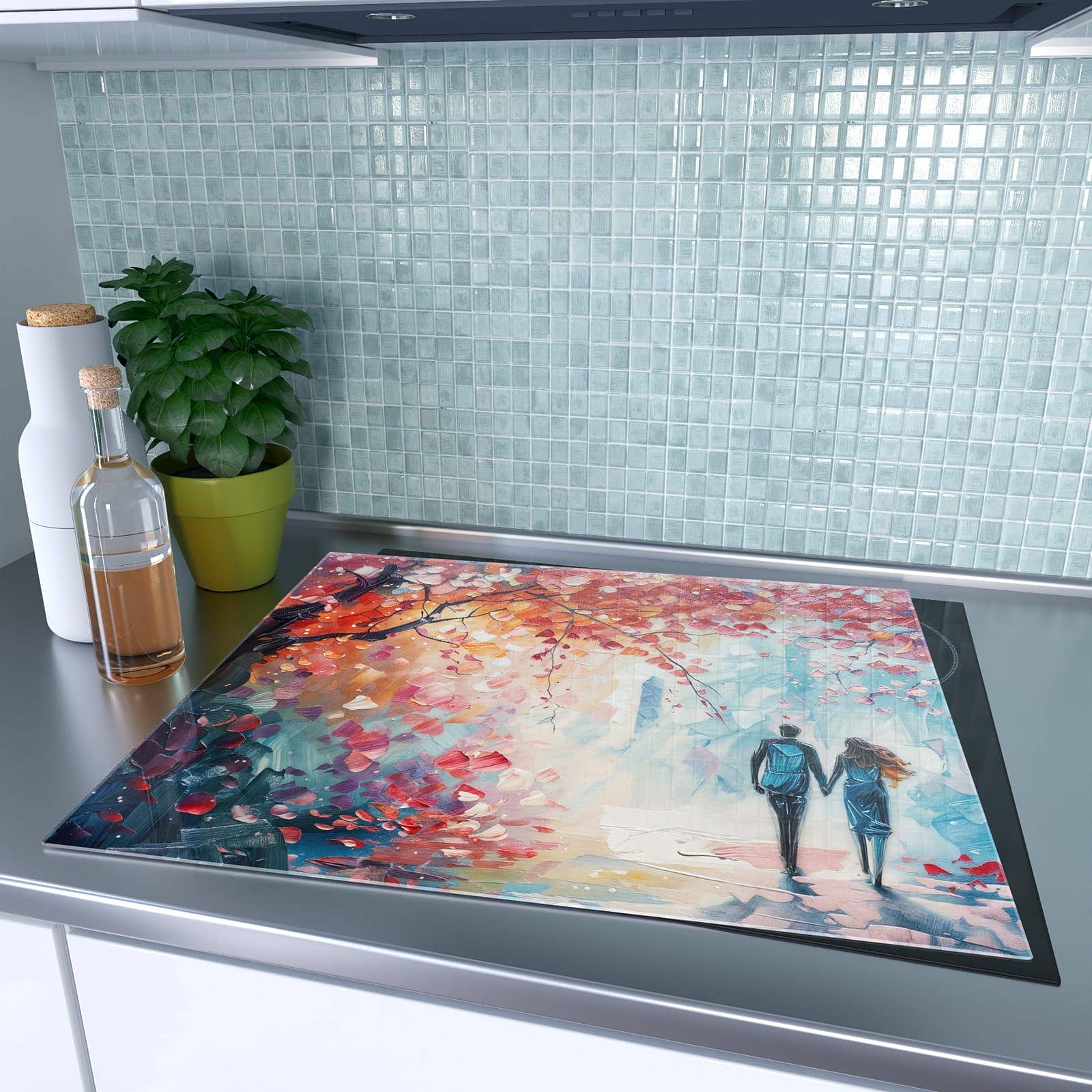 1-teilige Herdabdeckplatte mit Herbstlicher Spaziergang-Motiv auf dem Ceranfeld