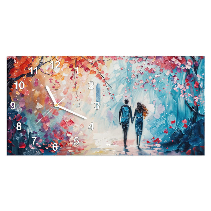Wanduhr Herbstlicher Spaziergang aus Glas – Querformat 60 × 30 cm mit Ziffernblatt Modern