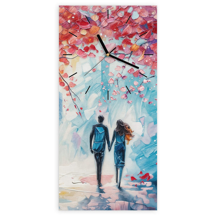 Wanduhr Herbstlicher Spaziergang aus Glas – Hochformat 30 × 60 cm mit Ziffernblatt Linie