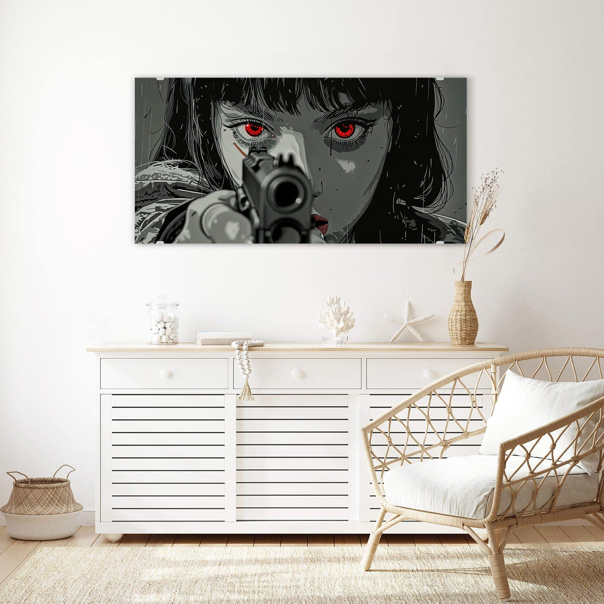 Echtglas, 4 mm – kein Acryl, keine Folie – Wandbild - Comicfrau in Grautönen - Querformat