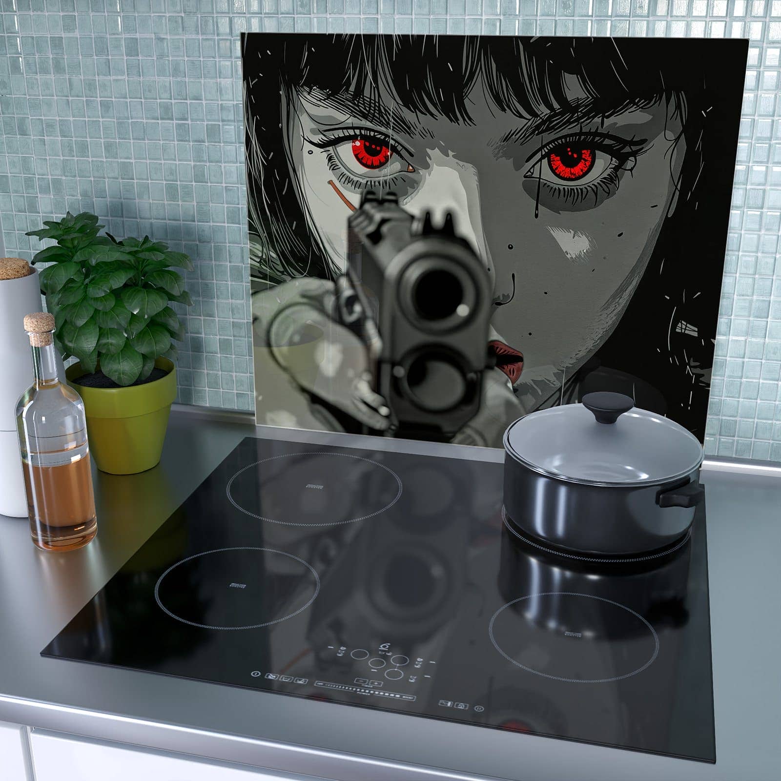 1-teilige Herdabdeckplatte mit Blick Durch Schusswaffe-Motiv als Spritzschutz hinter dem Kochfeld