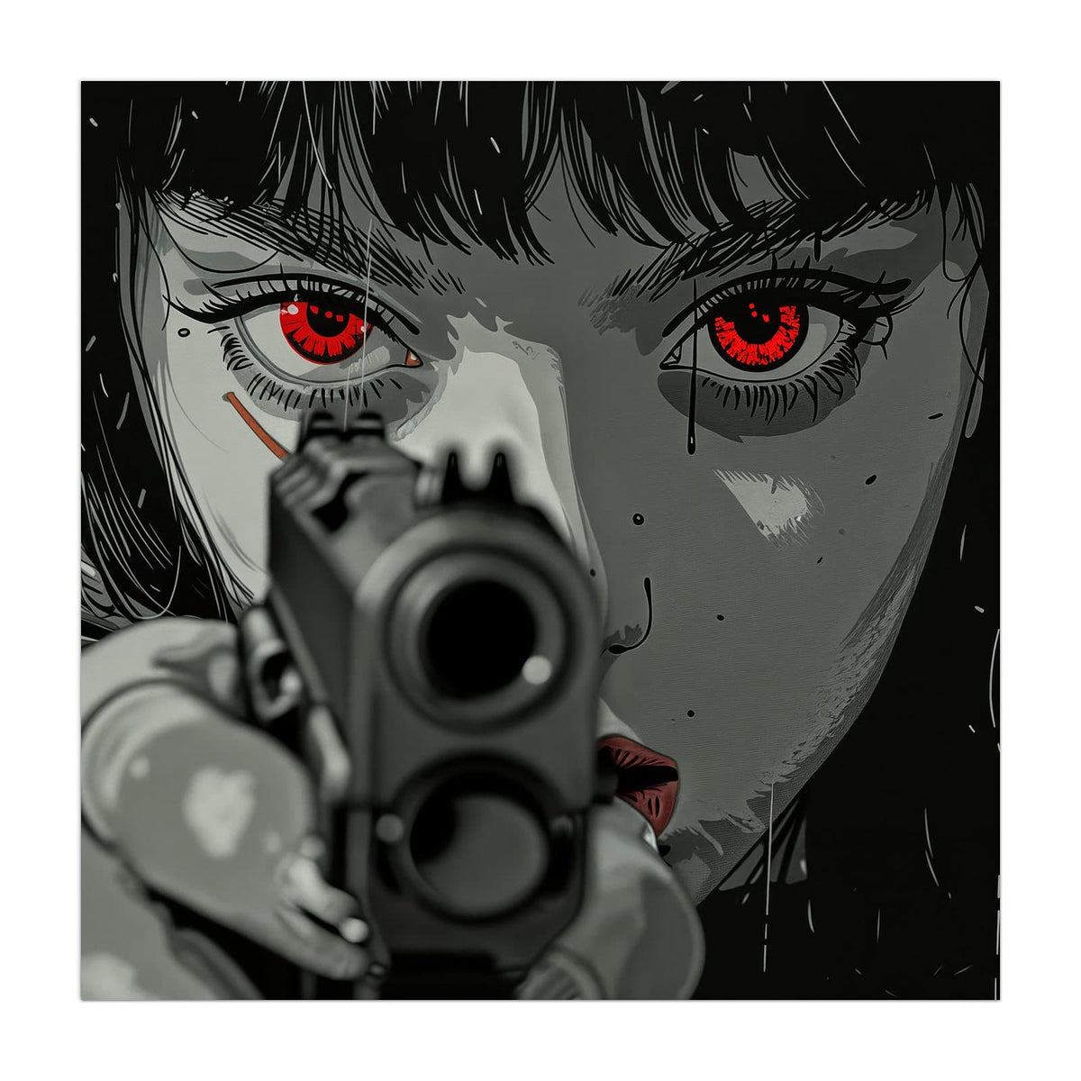 Schwarzweiße Comiczeichnung: Frauengesicht mit roten Augen, eine Pistole zielt aus dem Vordergrund direkt auf den Betrachter