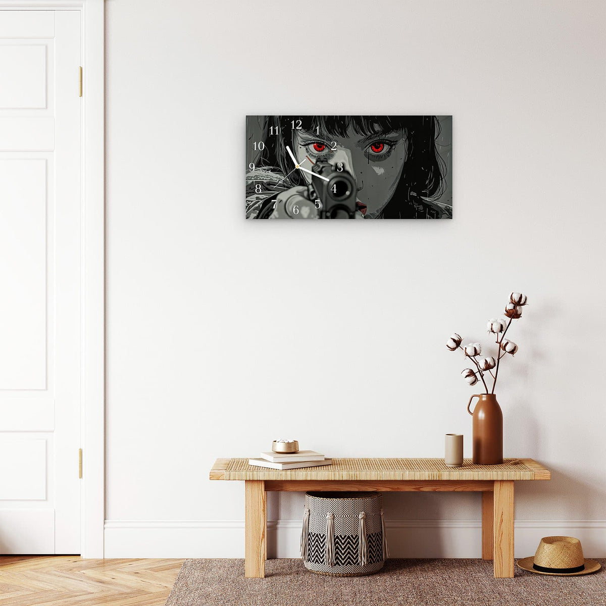 Moderne Wanduhr aus Glas mit Farbtiefe – Wanduhr Blick Durch Schusswaffe aus Glas – Querformat 60 × 30 cm