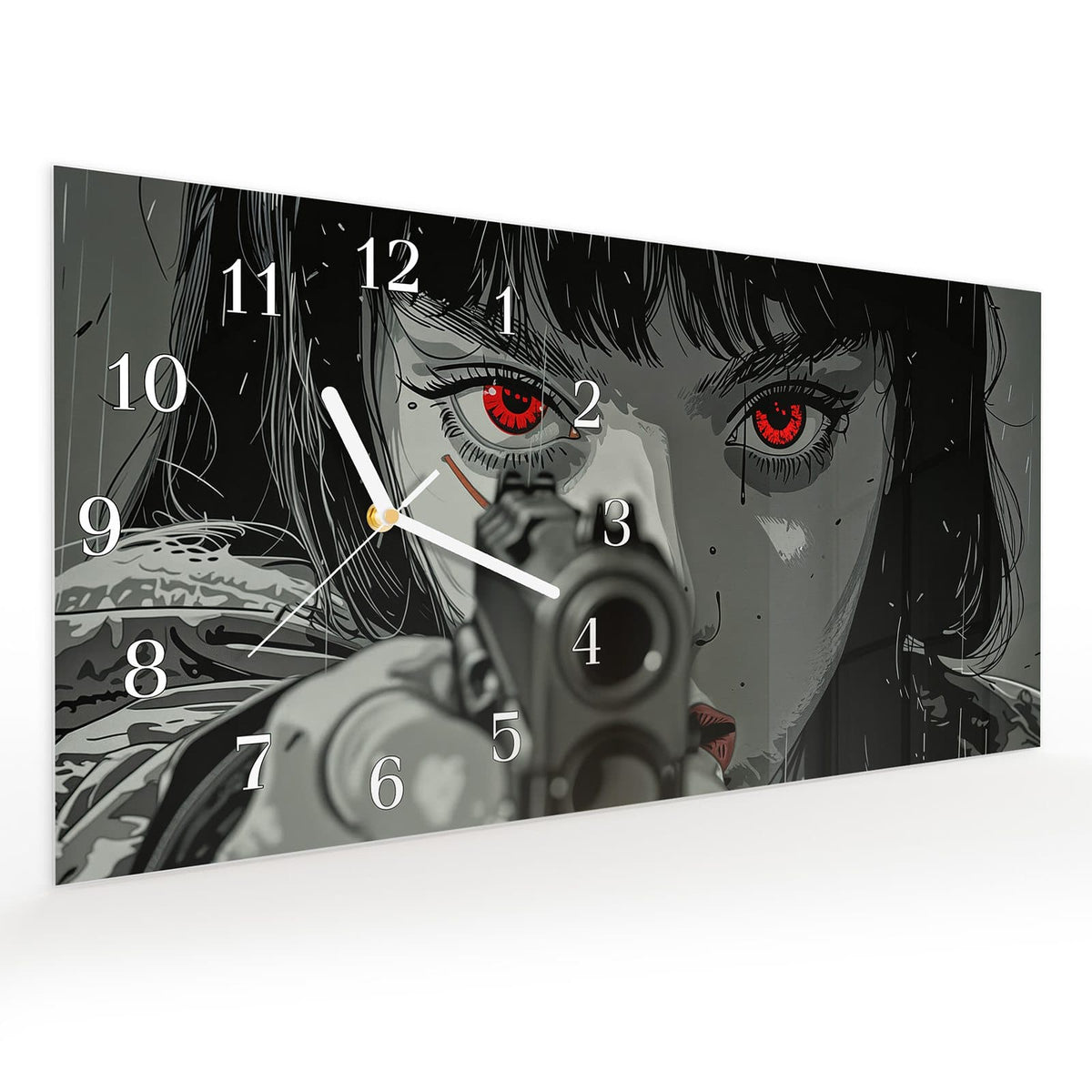 Vormontiert – mit Schwebeeffekt – Wanduhr Blick Durch Schusswaffe aus Glas – Querformat 60 × 30 cm