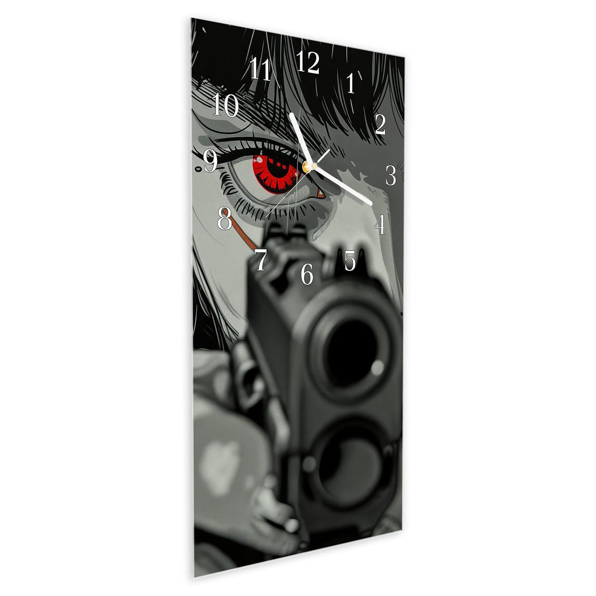 Vormontiert – mit Schwebeeffekt – Wanduhr Blick Durch Schusswaffe aus Glas – Hochformat 30 × 60 cm