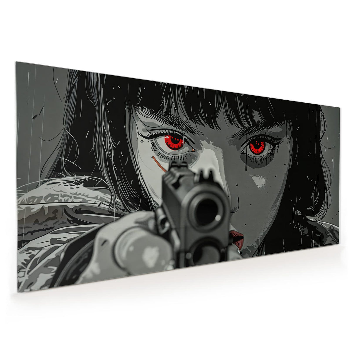 Küchenrückwand aus Glas im Hochformat mit Motiv Comicfrau in Grautönen: Schwarzweiße Comiczeichnung: Frauengesicht mit roten Augen