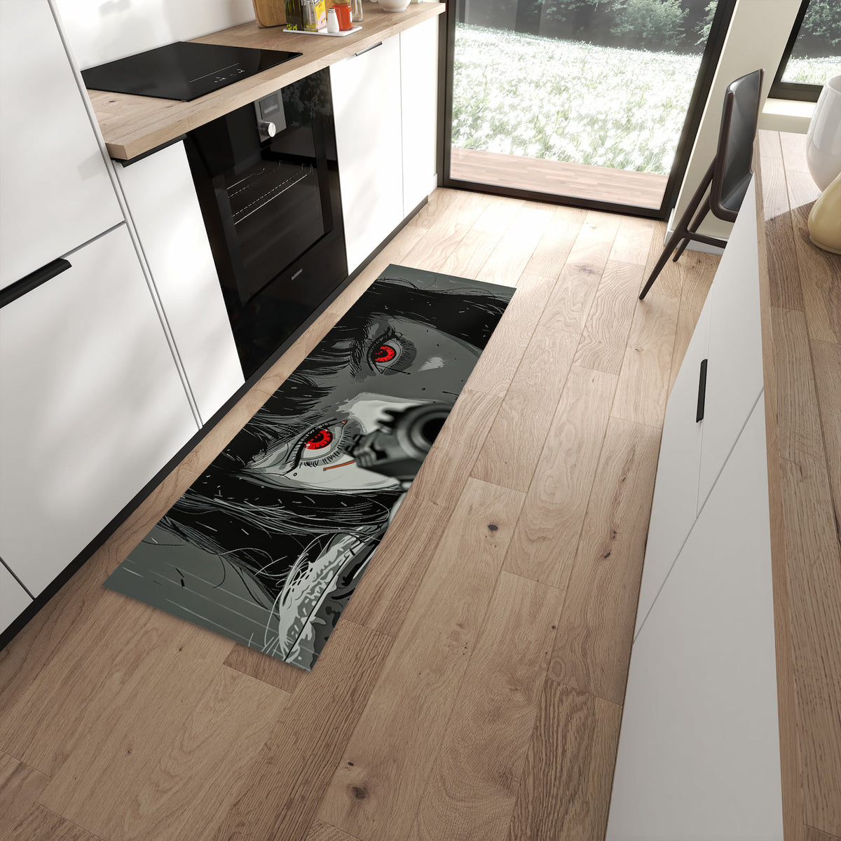 Geruchsneutraler rutschfester Küchenteppich mit Motiv Blick Durch Schusswaffe in moderner Küche