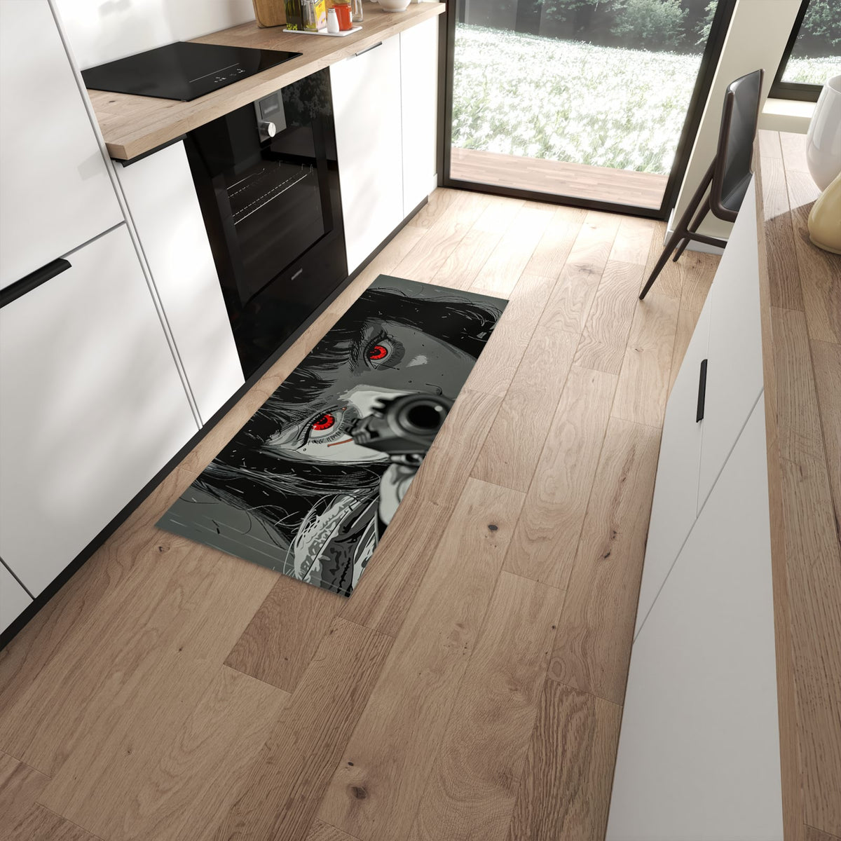 Schmutzabweisender Küchenteppich mit Motiv Blick Durch Schusswaffe in moderner Küche #grösse_60 x 150 cm