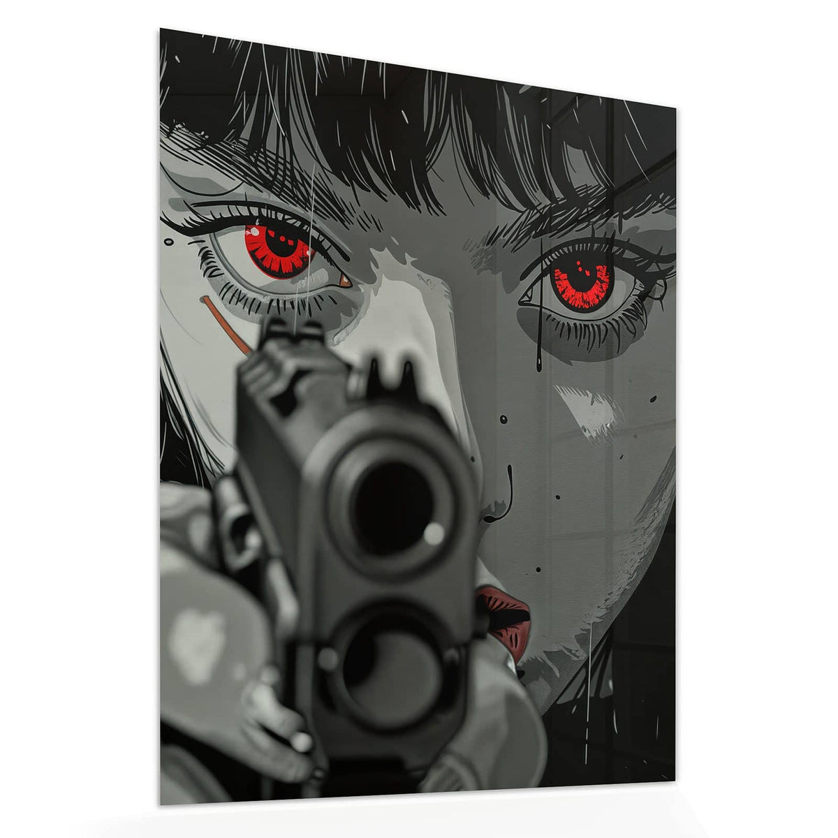 Echtglas, 4 mm – kein Acryl, keine Folie – Wandbild - Comicfrau in Grautönen - Hochformat