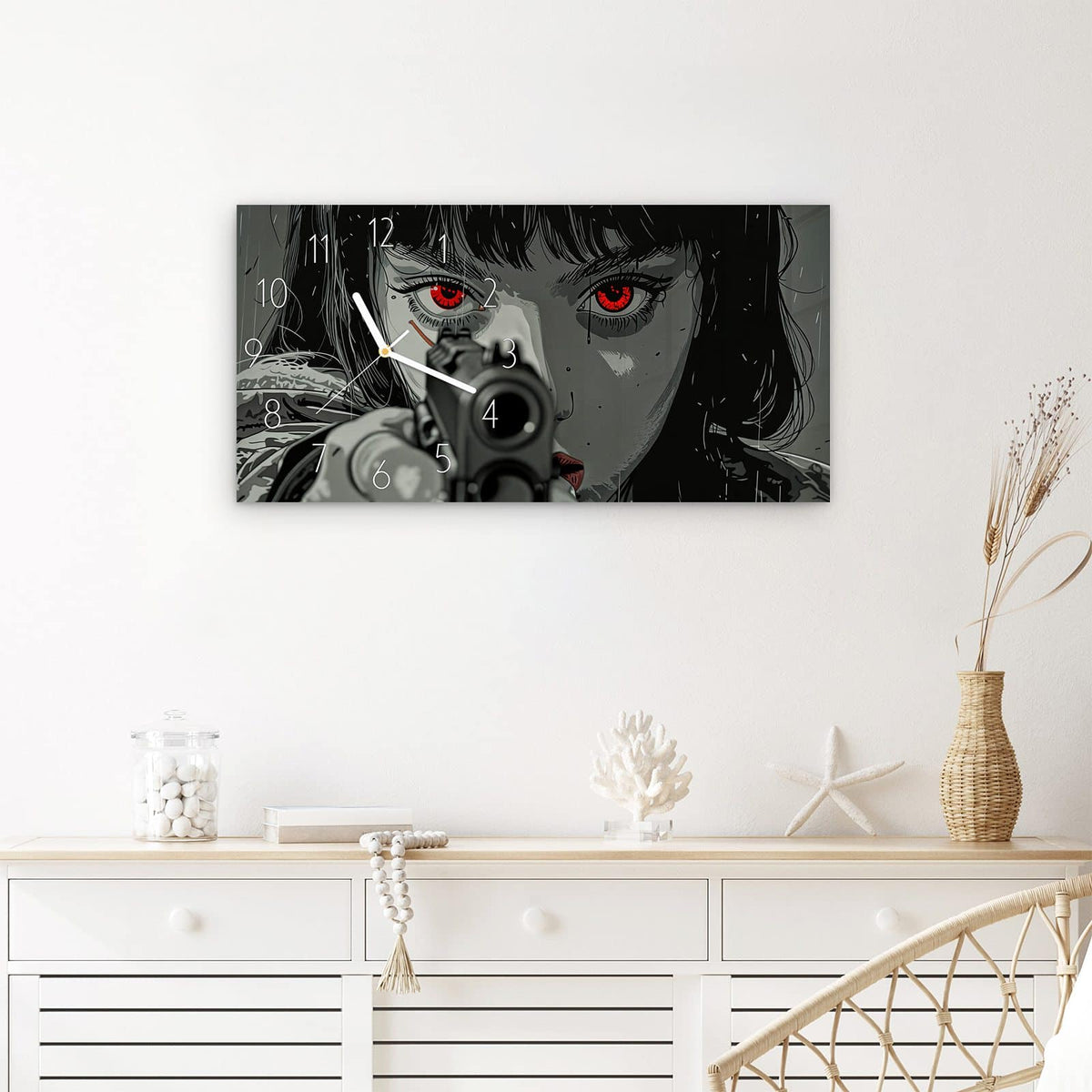 Wanduhr Blick Durch Schusswaffe aus Glas – Querformat 60 × 30 cm – Grafisches Motiv in Grautönen