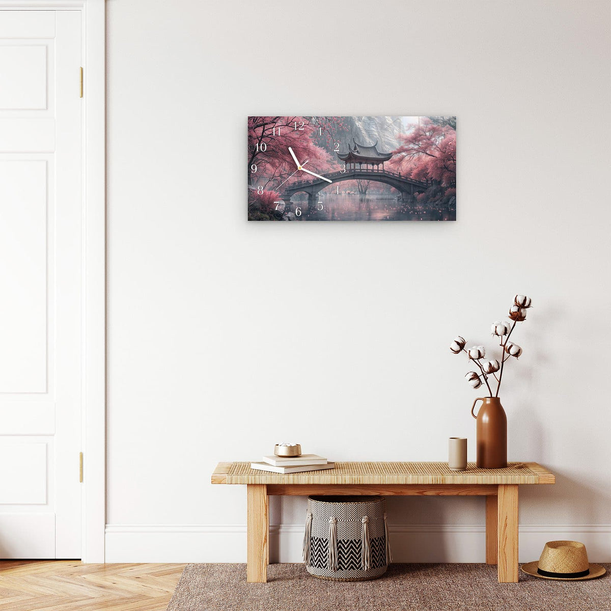 Moderne Wanduhr aus Glas mit Farbtiefe – Wanduhr Japanischer Garten aus Glas – Querformat 60 × 30 cm