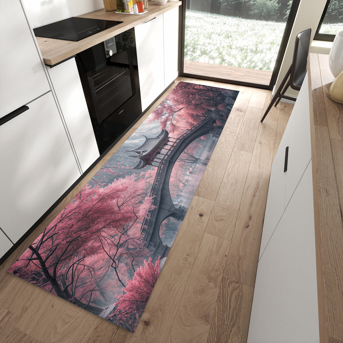 Abriebfester rutschfester Küchenteppich mit Motiv Japanischer Garten in moderner Küche