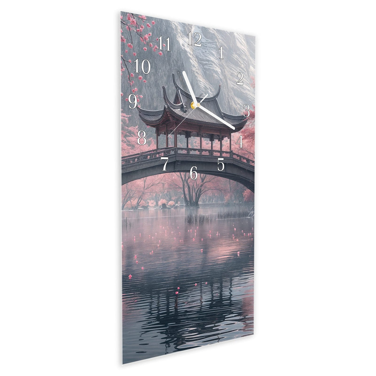 Vormontiert – mit Schwebeeffekt – Wanduhr Japanischer Garten aus Glas – Hochformat 30 × 60 cm