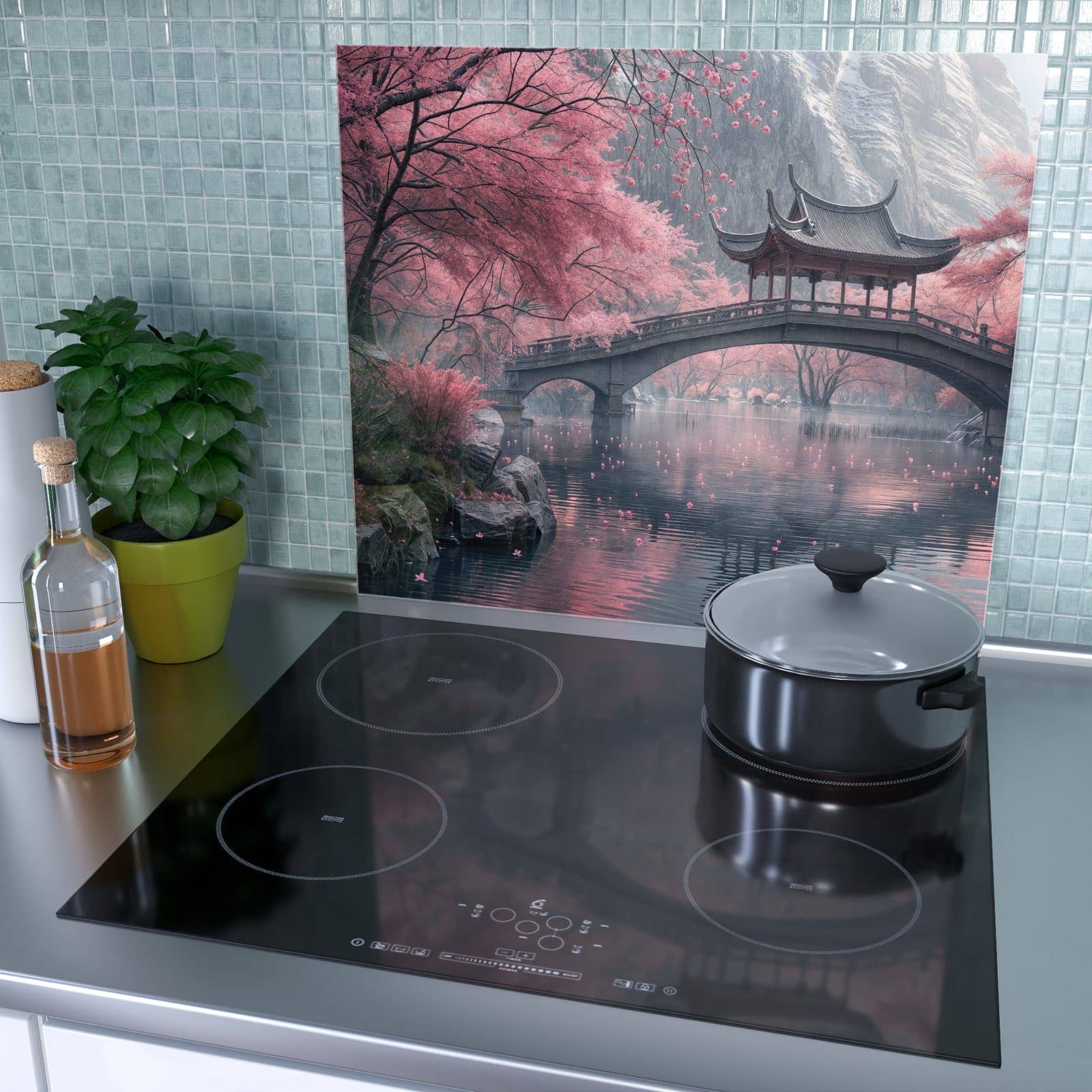 1-teilige Herdabdeckplatten mit Japanischer Garten-Motiv als Spritzschutz hinter dem Kochfeld